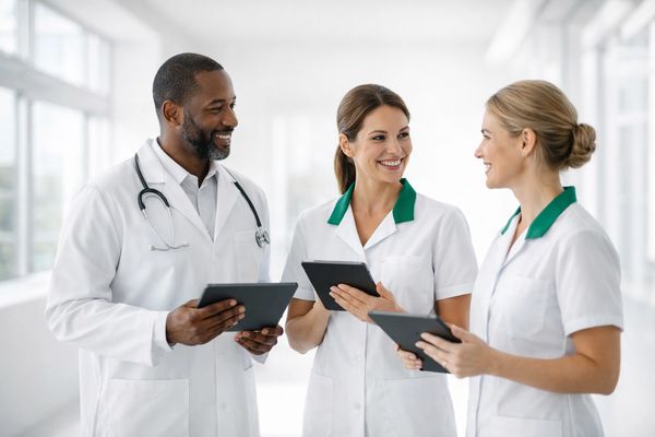 Ein Team aus Arzt und Pflegekräften mit Tablets