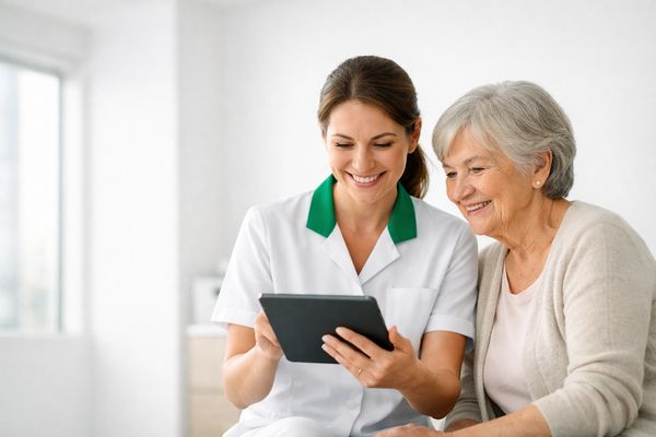 Eine Patientin und eine Pflegedienstmitarbeiterin schauen gemeinsam auf ein Tablet