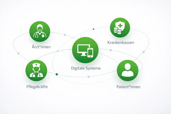 Netzwerkdiagramm: Ärzt:innen, Krankenkassen, Pflegekräfte und Patient:innen sind über digitale Systeme verbunden